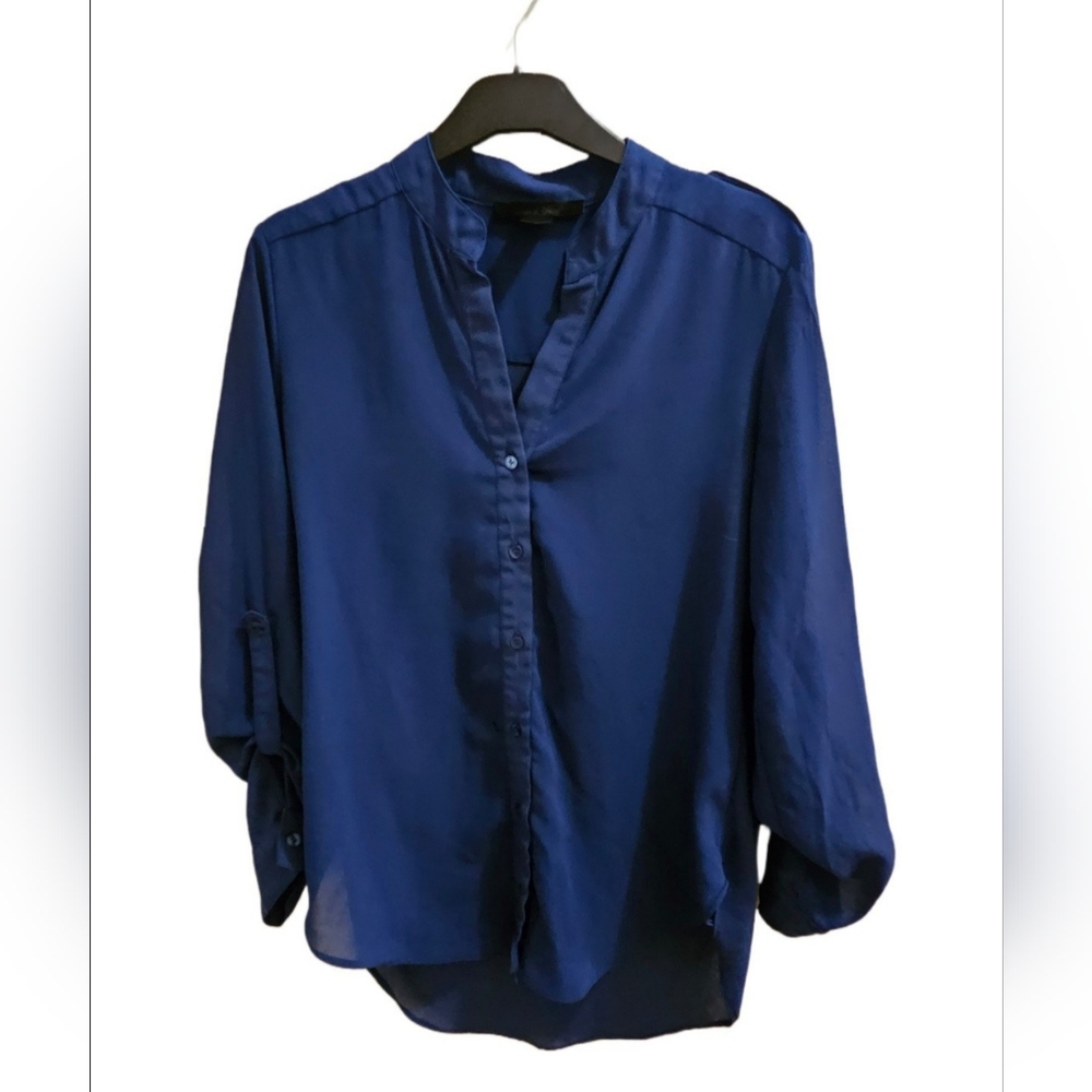 Women's blue, button-up shirt